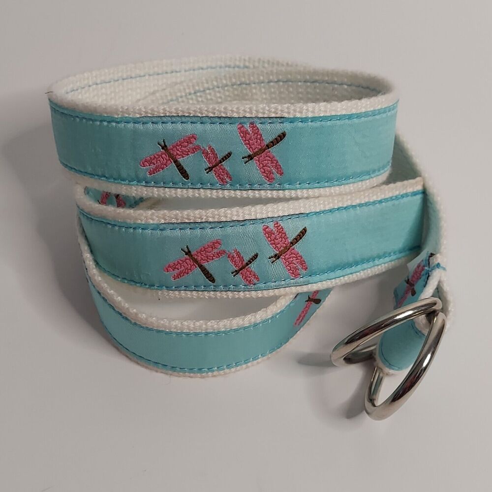 D-Ring Fabric Ribbon Belt Size M/L Blue Pink Dragonfly 42”